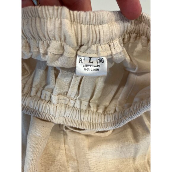 Elastic Waist Beige Linen Pants With Drawstring & Pockets 100% Linen L - Picture 6 of 8
